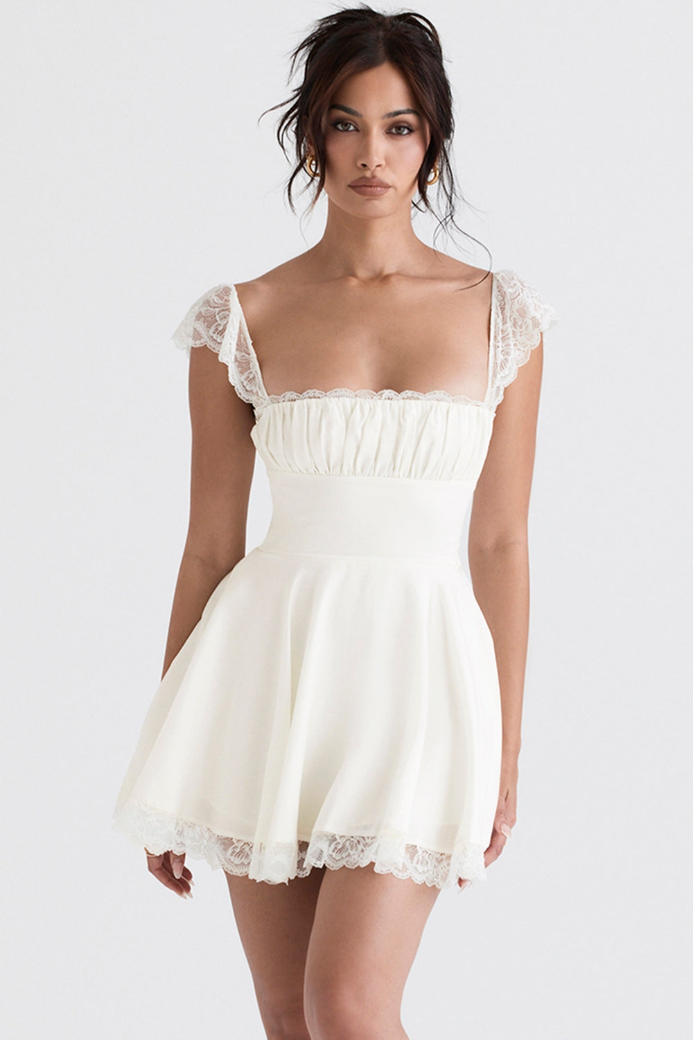Lace Trim Square Neck Cap Sleeve Ruched Bust A-Line Mini Dress