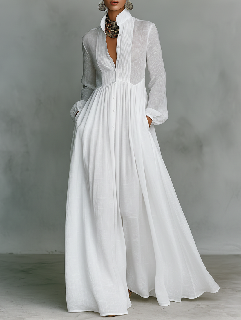 Band Collar Button Front Long Sleeve Flowy Maxi Shirt Dress
