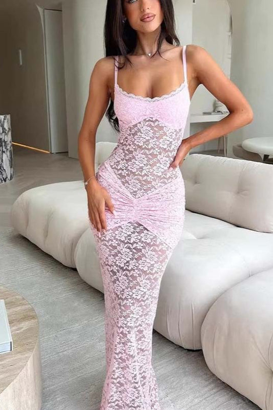 Lace Trim Sheer Ruching Fit Lace Dress
