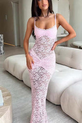 Lace Trim Sheer Ruching Fit Lace Dress