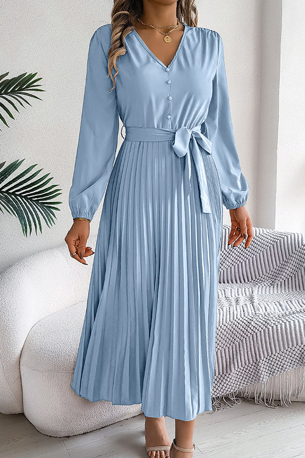 Solid Color Elegant V-neck Buttoned Lace-up Pleated Maxi Dress - View 11