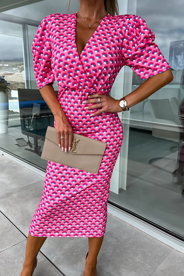 Late Night Gala Satin Printed Puff Sleeve Midi Dress - View 11