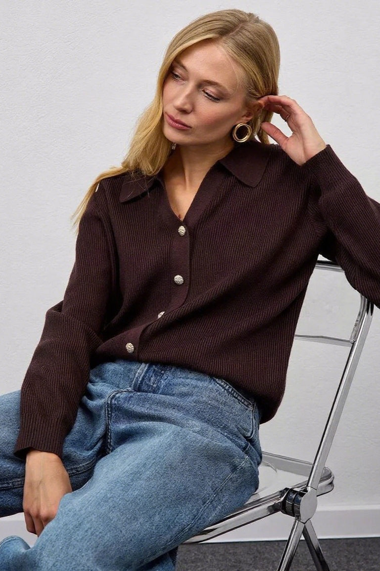 Collared V-Neck Long Sleeve Ribbed Knit Button Front Cardigan 4