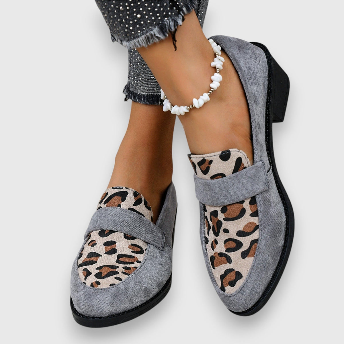 Leopard Print Suede Look Round Toe Block Heel Loafers