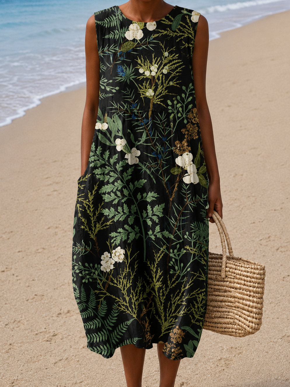 Botanical Floral Print Sleeveless Pocket Cocoon Midi Dress