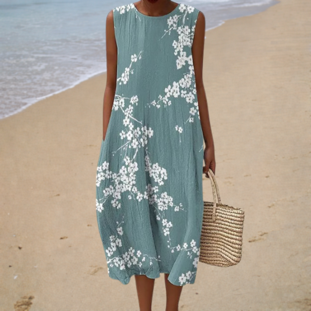 Floral Print Round Neck Sleeveless Pocket Midi Dress Summer