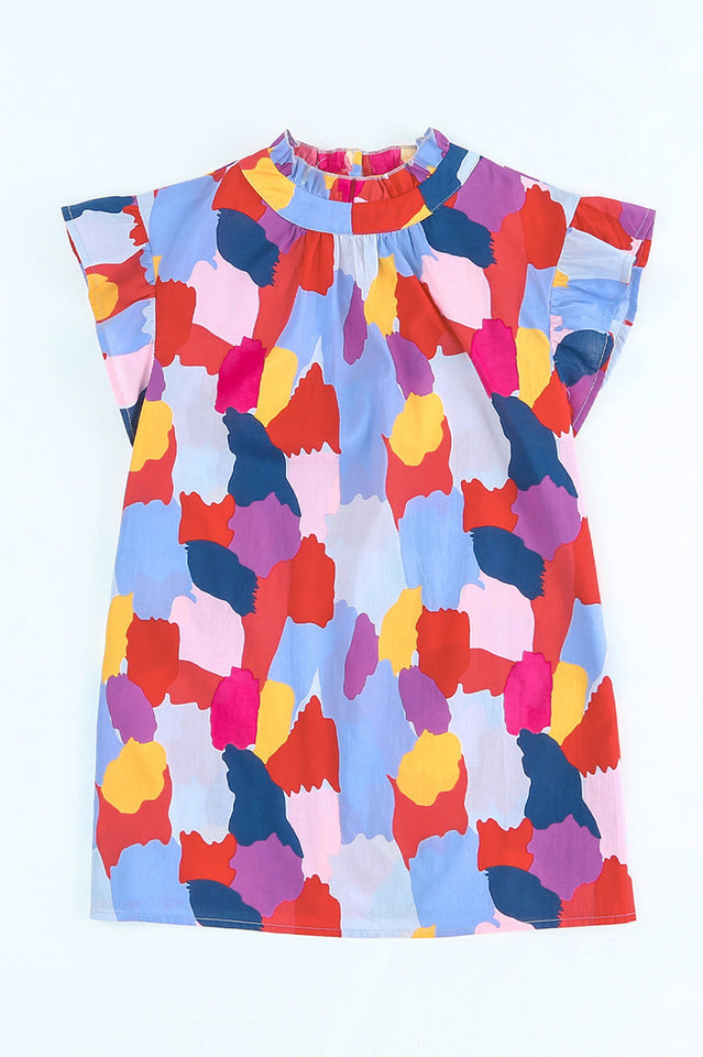 Abstract Brushstroke Print Mock Neck Ruffle Sleeve Blouse 11