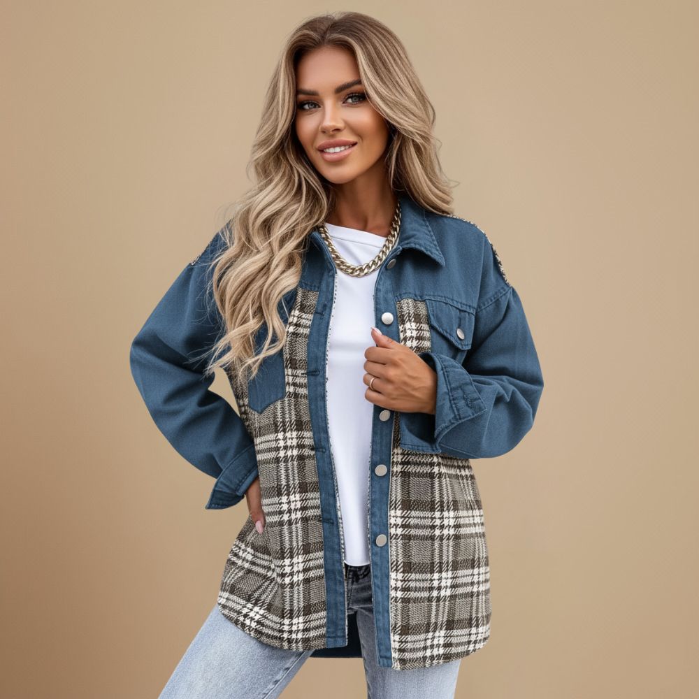 Denim Jacket with Plaid Patchwork and Button Closure