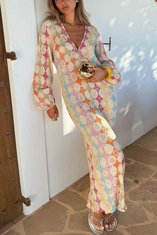 Adriana Premium V Neck Lantern Sleeves Geometric Print Maxi Dress Designer Edit