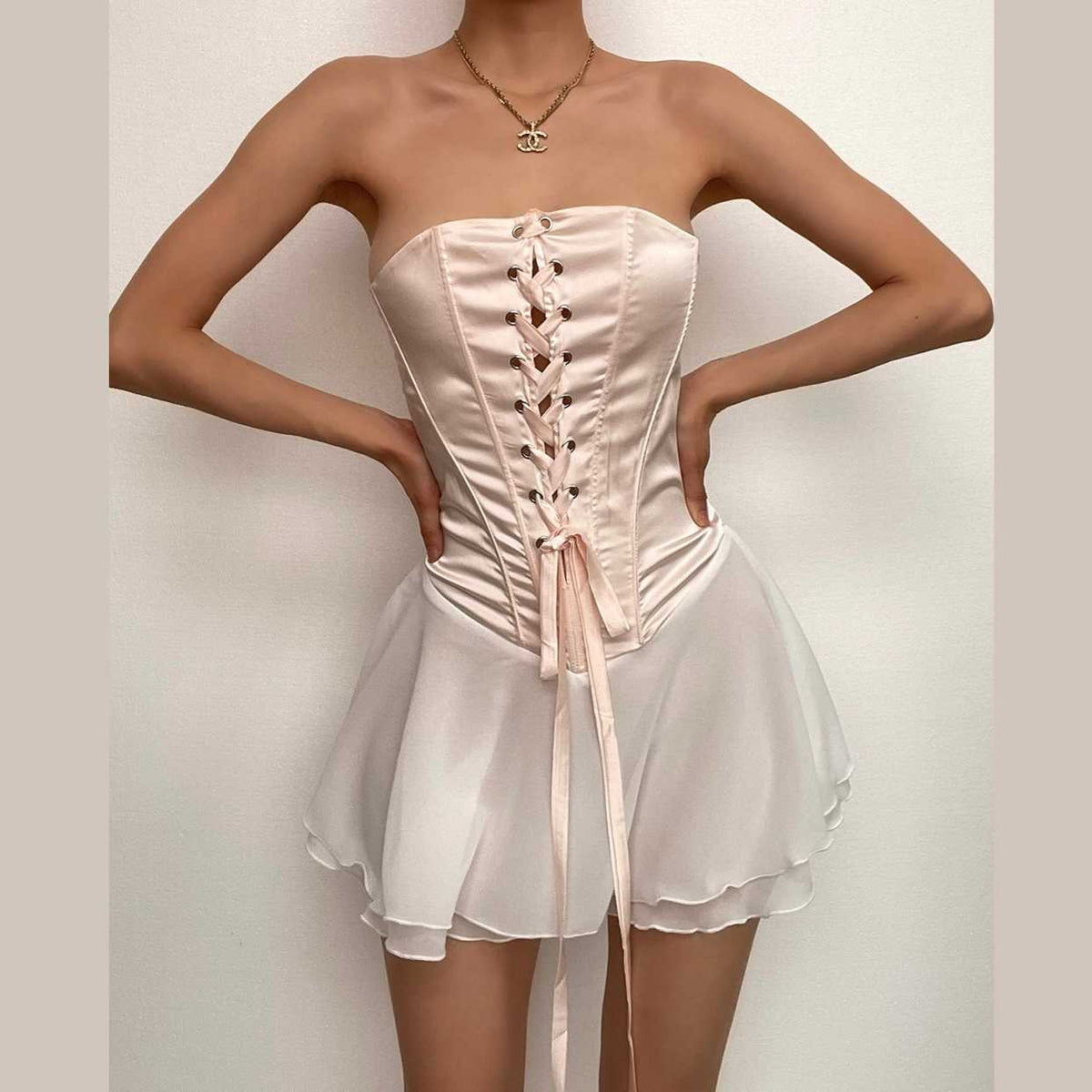Strapless Satin Lace Up Corset Chiffon Ruffle Skirt Mini Dress