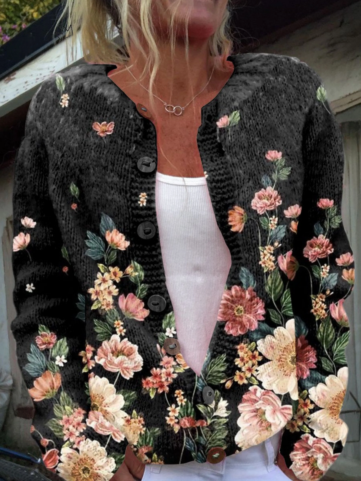 Floral Print Button Front Knit Cardigan