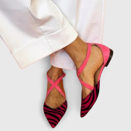 Zebra Print Pointed Toe Cross Strap Flats