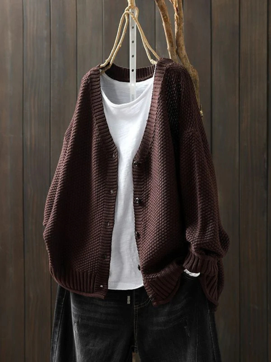 V-Neck Button Front Waffle Knit Cardigan