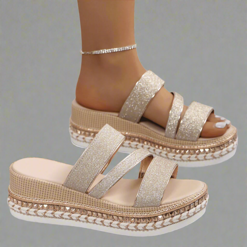 Glitter Double Band Braided Platform Slide Sandals