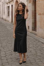 Black Satin Sleeveless Slip Dress