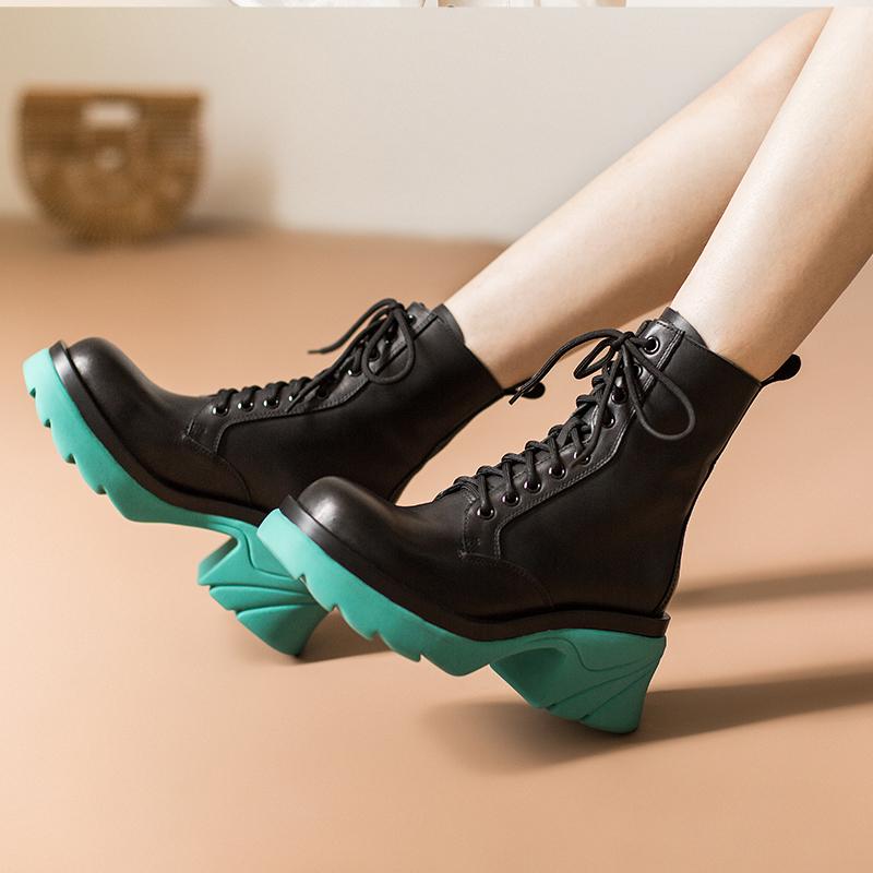 Colorful Sole Leather Boots Designer Retro Chunky Riding Boots High Heel Handmade