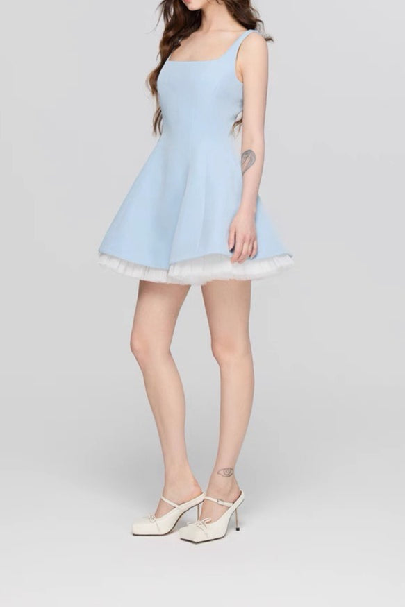 Square Neck Mesh Panel Mini Dress - View 9
