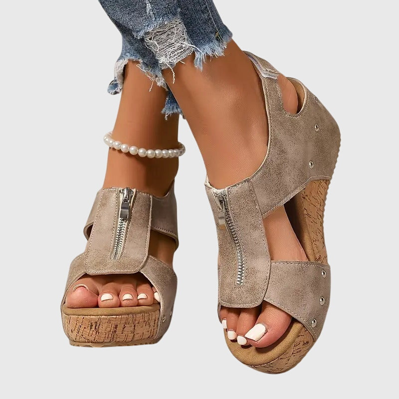Closed Toe Zip Front Ankle Strap Wedge Sandals