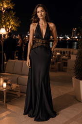 Solid Lace Sheer Halter Tie Back Slip Dress