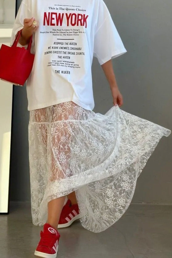 Sheer Floral Lace Tiered Flowy Maxi Skirt