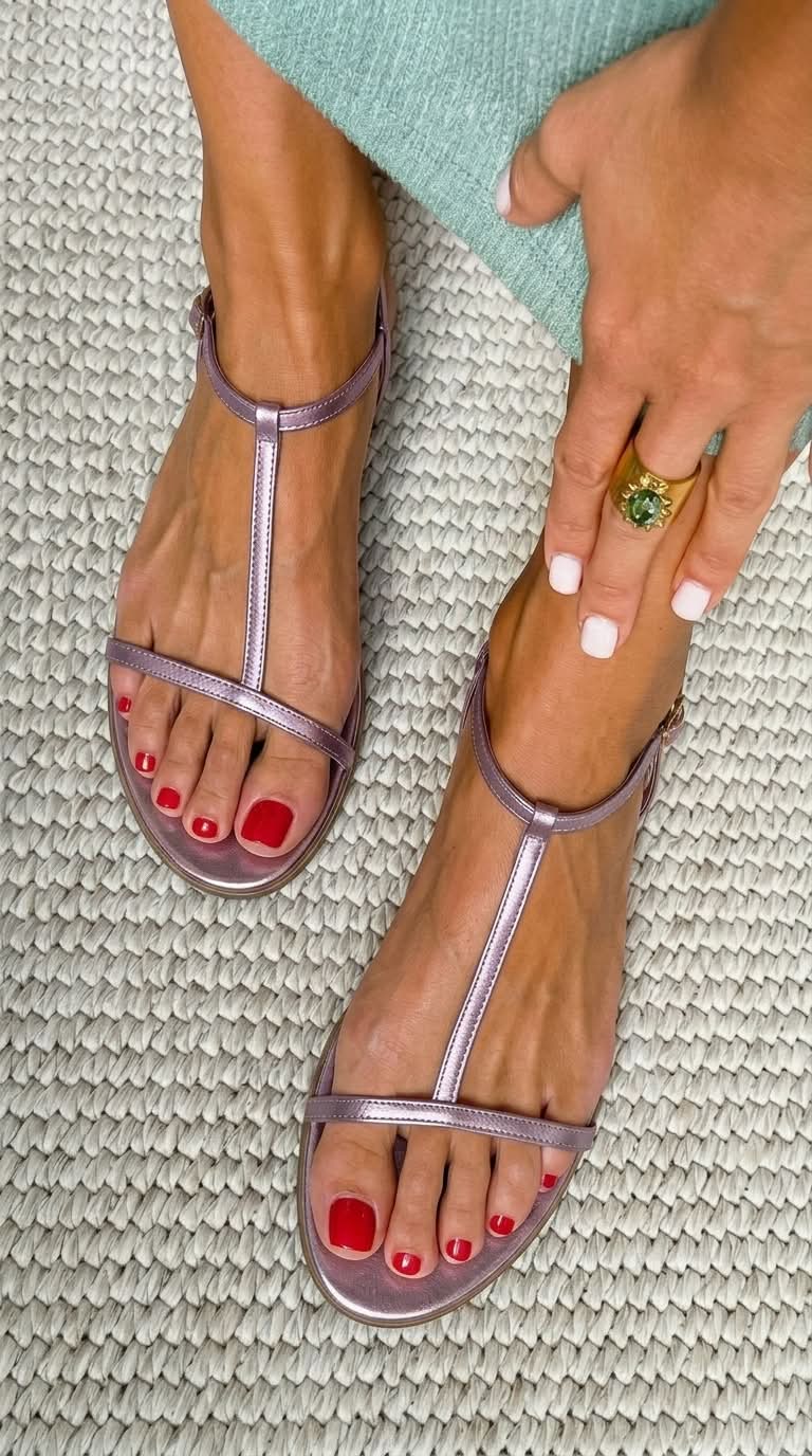 Metallic T Strap Ankle Buckle Flat Sandals