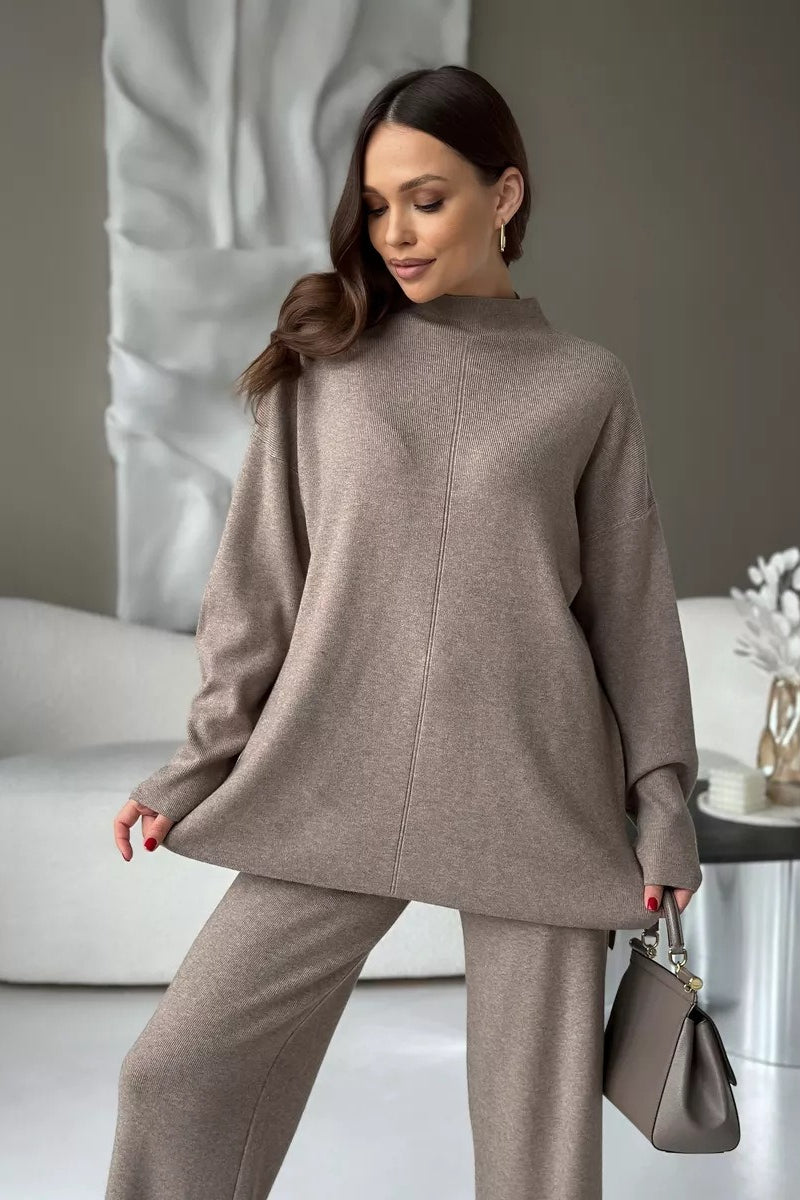 Mock Neck Front Seam Side Slit Sweater and Wide Leg Pants Two Piece Set 4