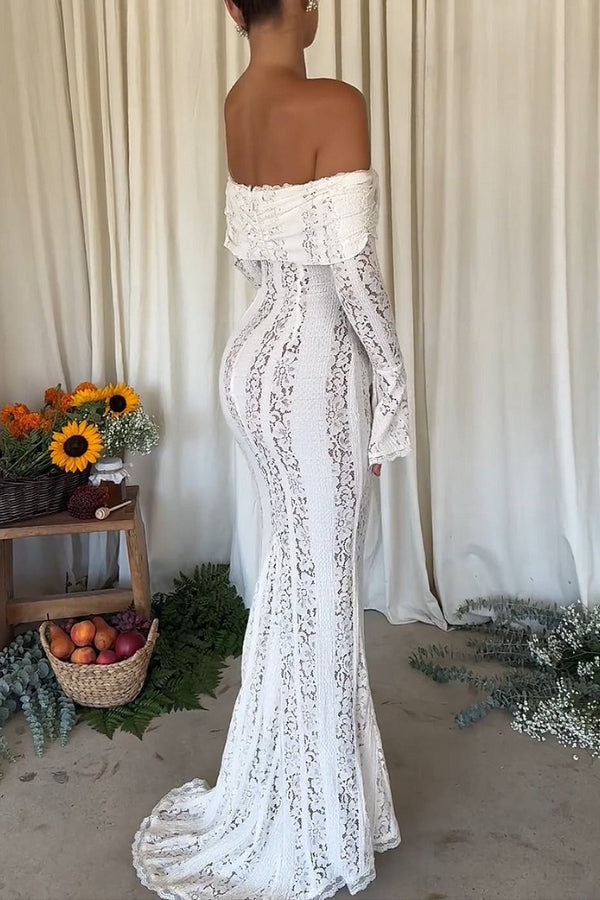 Leila Elevated Off Shoulder Floral Lace Flared Sleeve Fishtail Maxi Dress White Occasion Wear