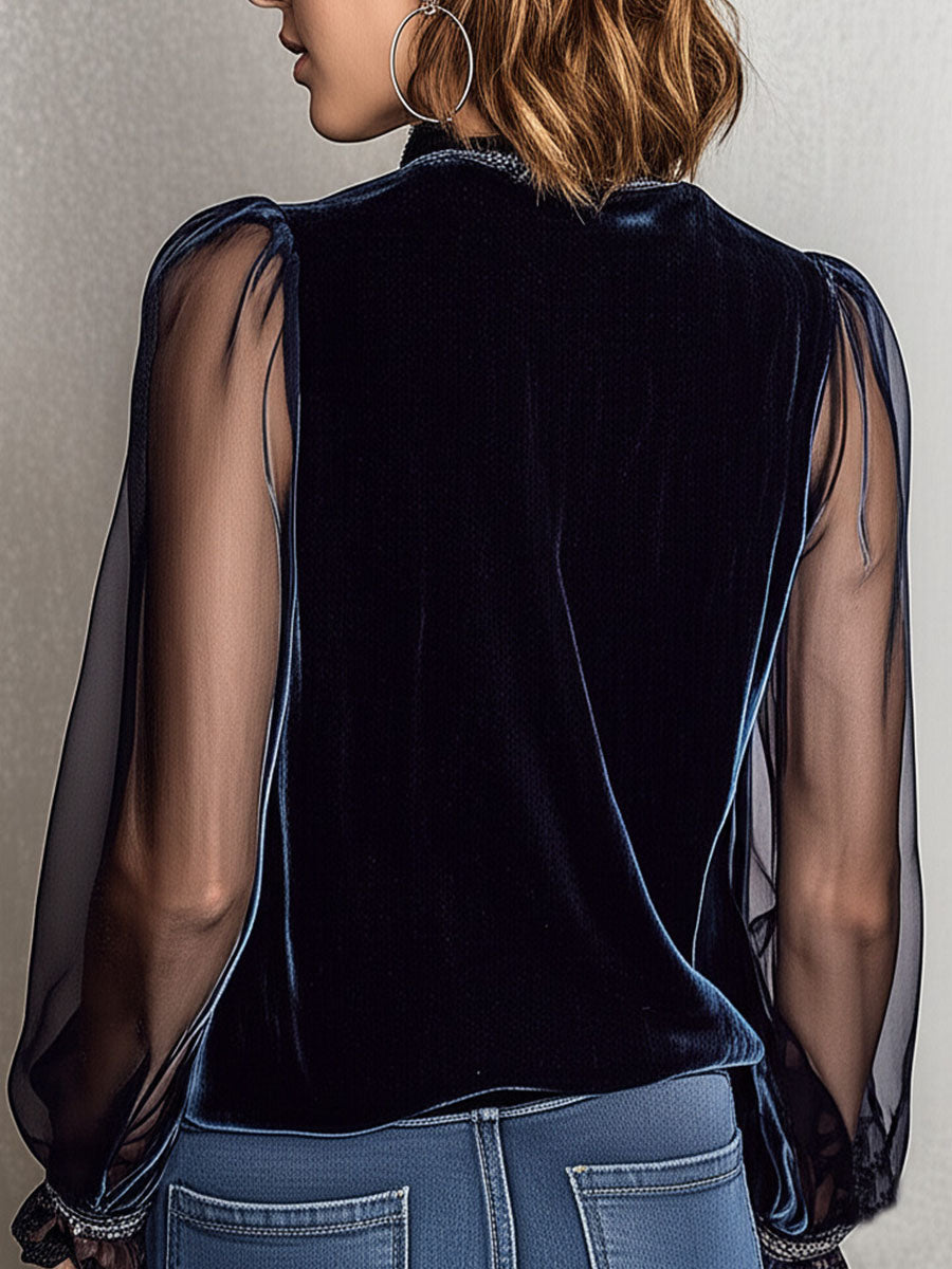 Embroidered Floral Navy Velvet Blouse With Shinning Sheer Sleeves