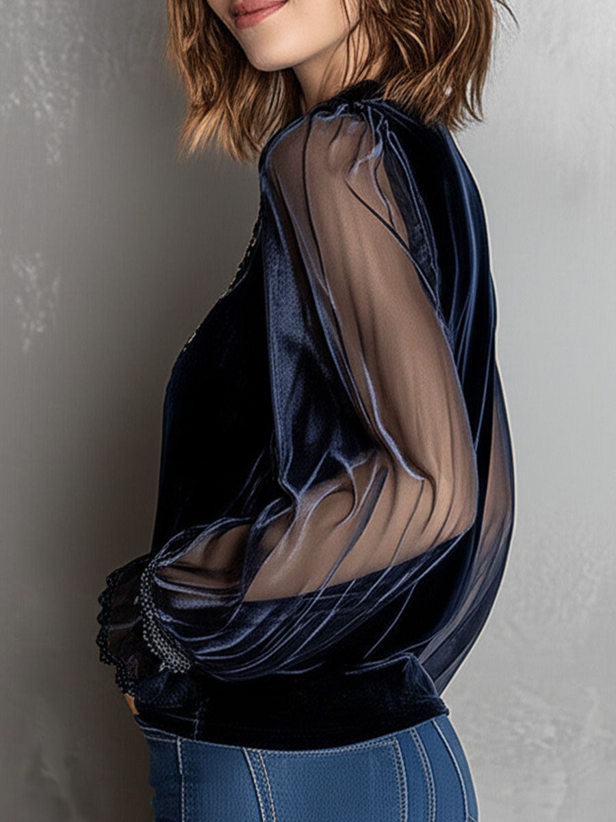 Embroidered Floral Navy Velvet Blouse With Shinning Sheer Sleeves