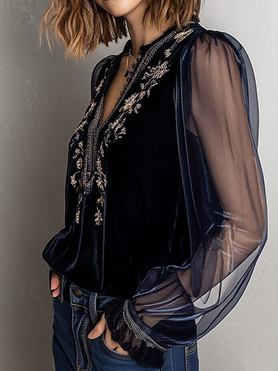 Embroidered Floral Navy Velvet Blouse With Shinning Sheer Sleeves
