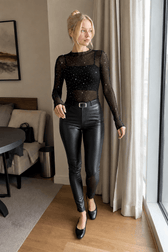 Mesh Rhinestone Mandarin Collar T-shirt
