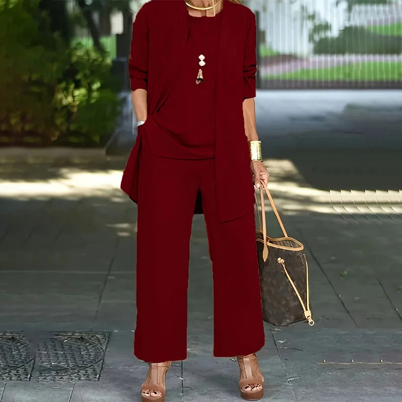 Round Neck Top Open Front Duster and Wide Leg Pants Three Piece Set