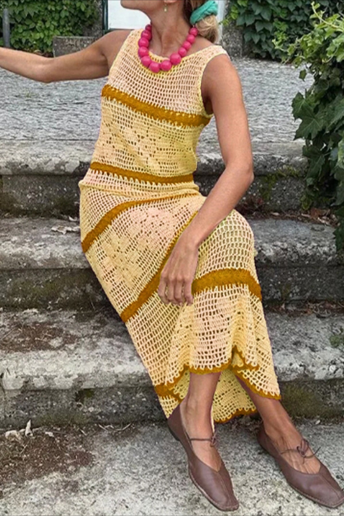 Hollow Knit Contrast Tank Sweater Dress