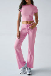 Essential Solid Color Crewneck Top Wide Leg Pants Set