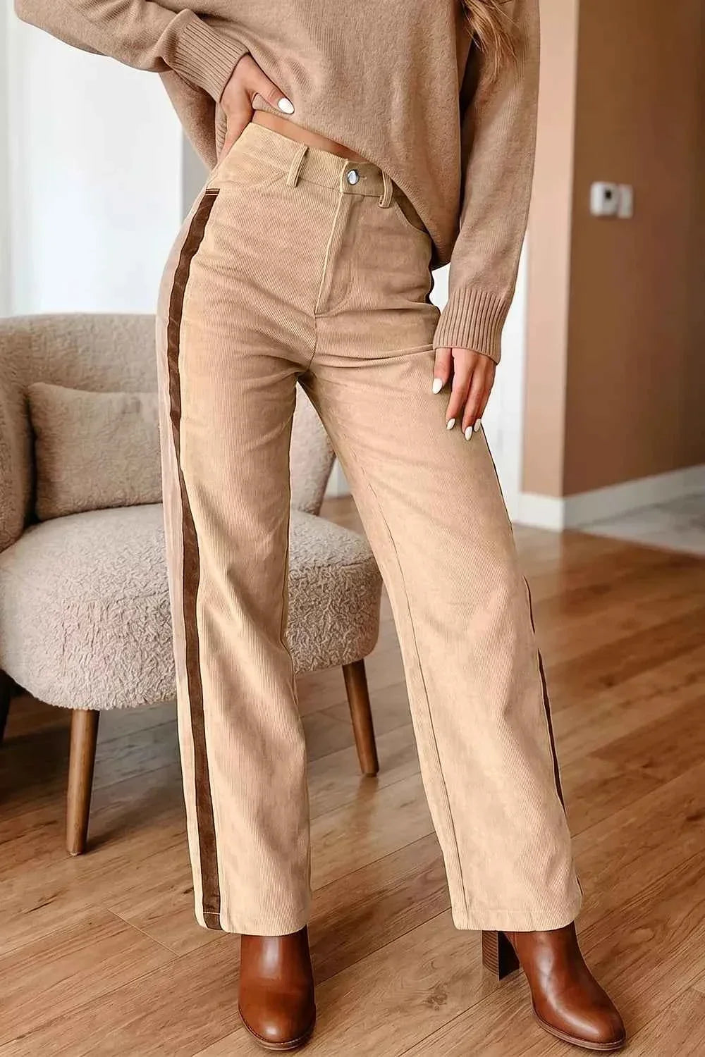 High Waist Corduroy Contrast Side Stripe Straight Leg Pants 3