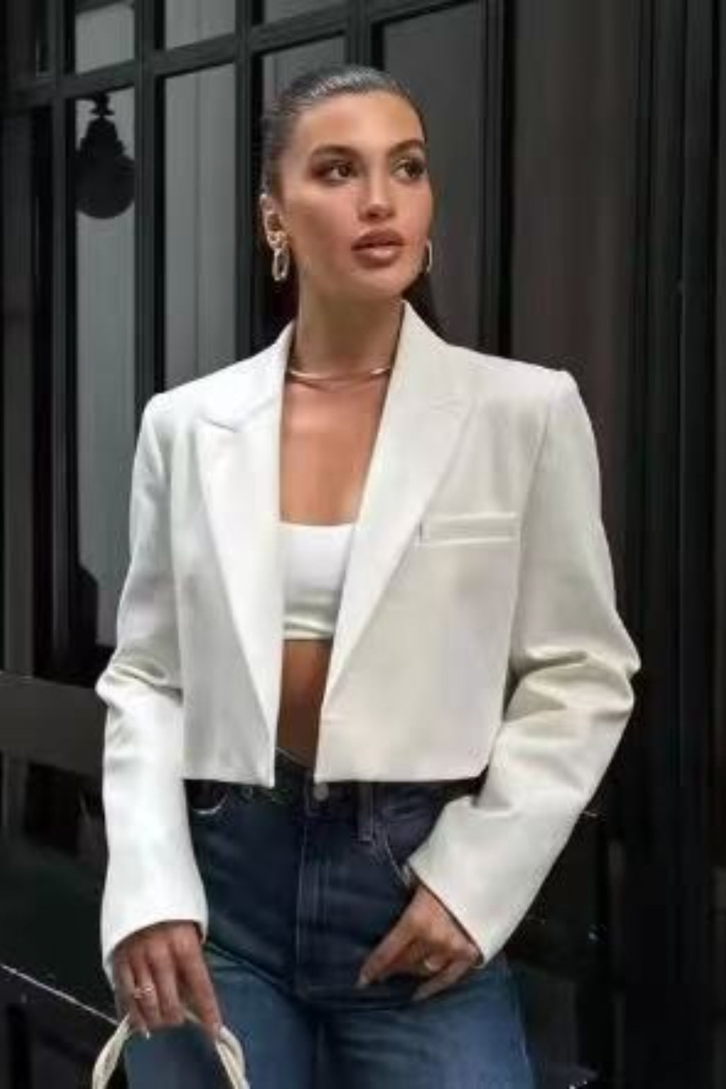 Cropped Open Front Notch Lapel Long Sleeve Blazer 3