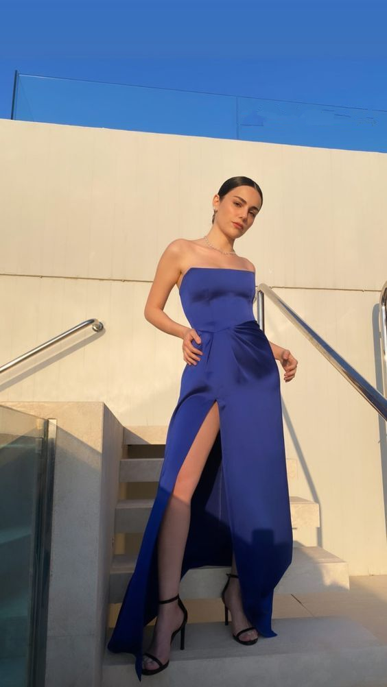 Sexy Strapless Royal Blue Prom Dress Slit Party Evening Dress cc1661