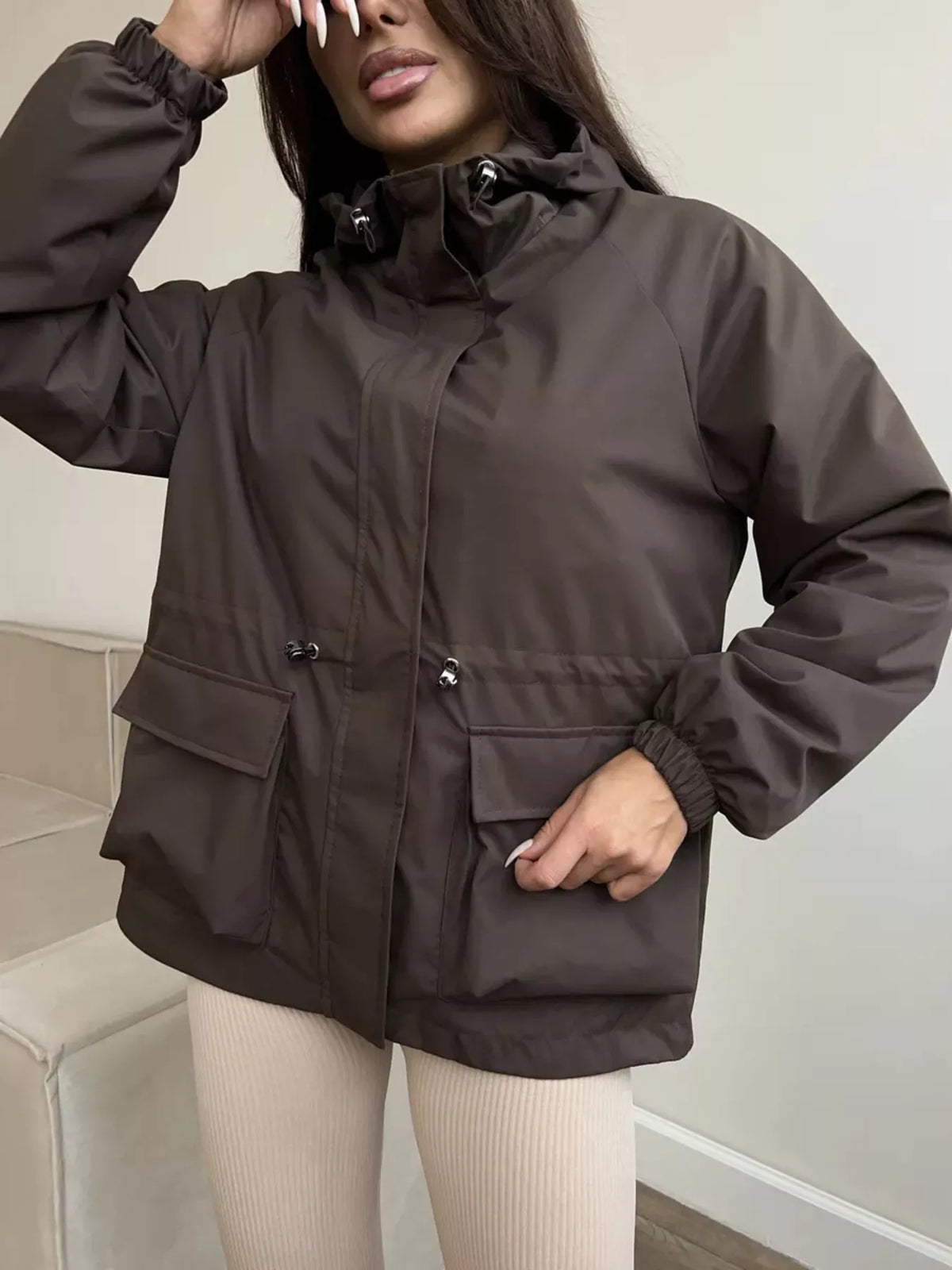 Hooded Drawstring Waist Flap Pocket Zip Front Windbreaker Jacket 5