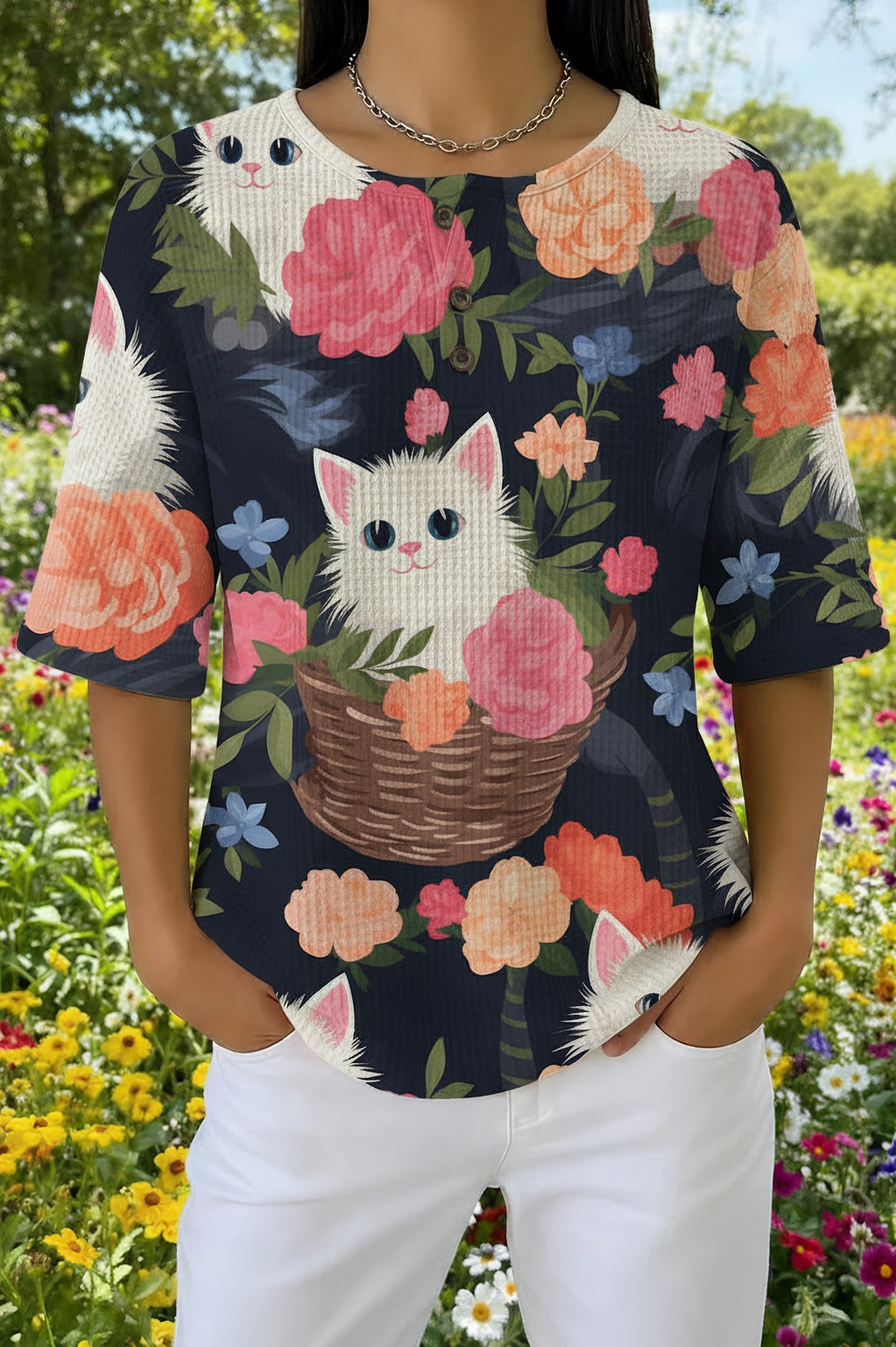 Womens Black Floral Cat in Basket Print Casual Shirt