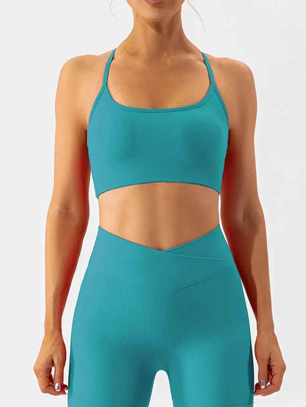 Ribbed Scoop Neck Spaghetti Strap Cropped Sports Bra Top 14