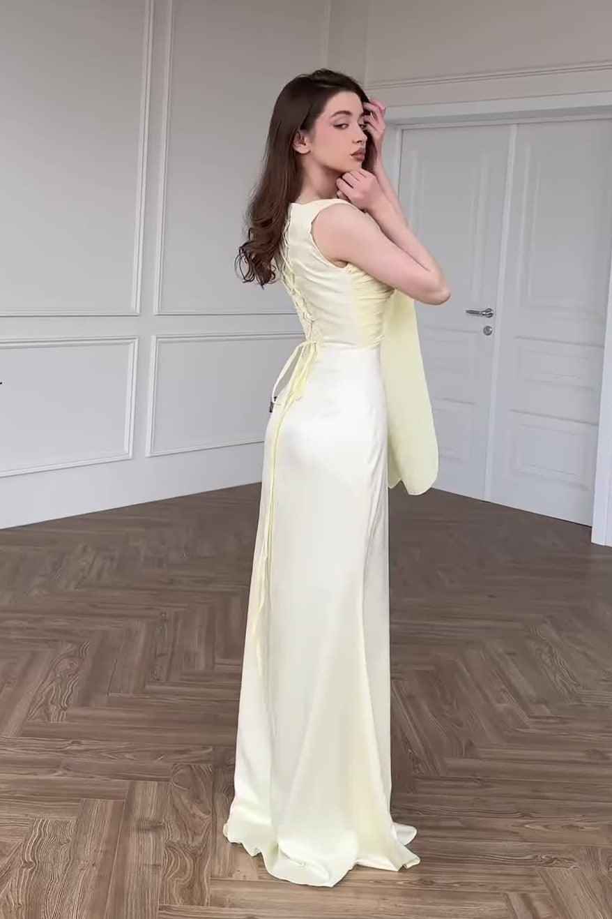 Chiffon One Shoulder Cape Sleeve Ruched High Slit Maxi Dress