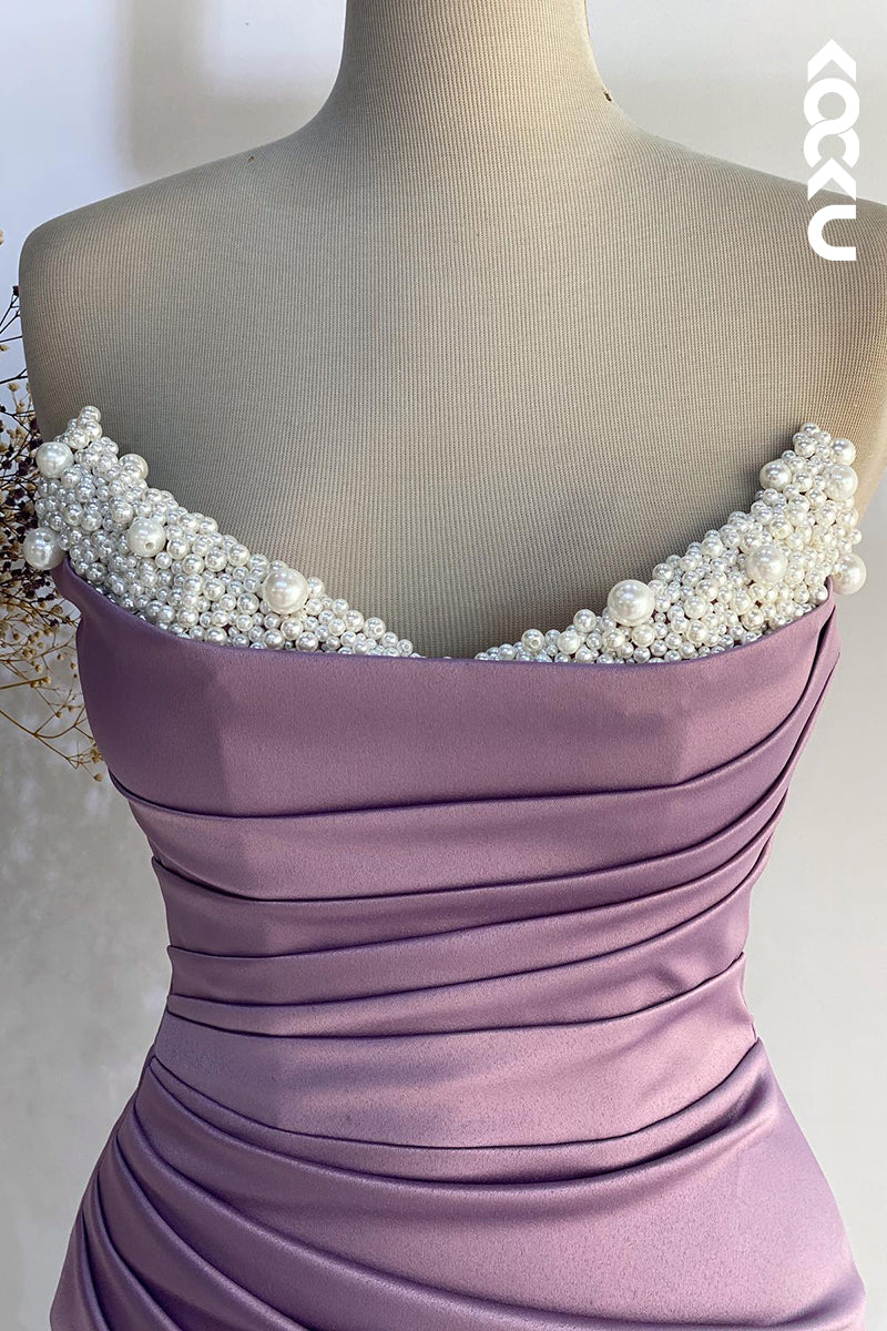 L1323 - Sheath/Column Off-Shoulder Ruched Beaded Long Prom Evening Dress