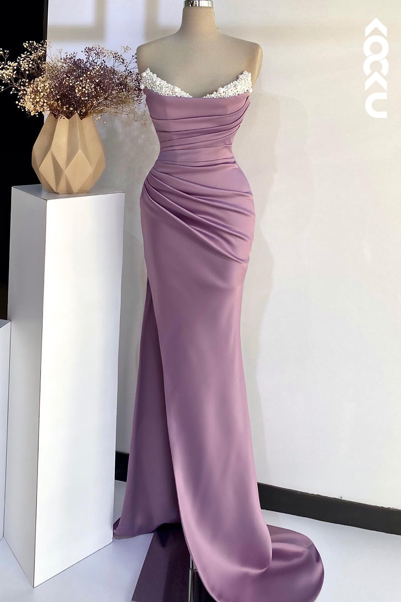 L1323 - Sheath/Column Off-Shoulder Ruched Beaded Long Prom Evening Dress