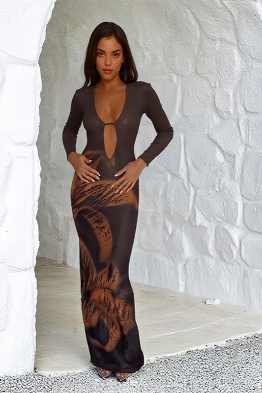 Deep V Cutout Printed Maxi Dress