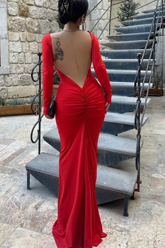 Long Sleeve Open Back Ruched Bodycon Mermaid Maxi Dress