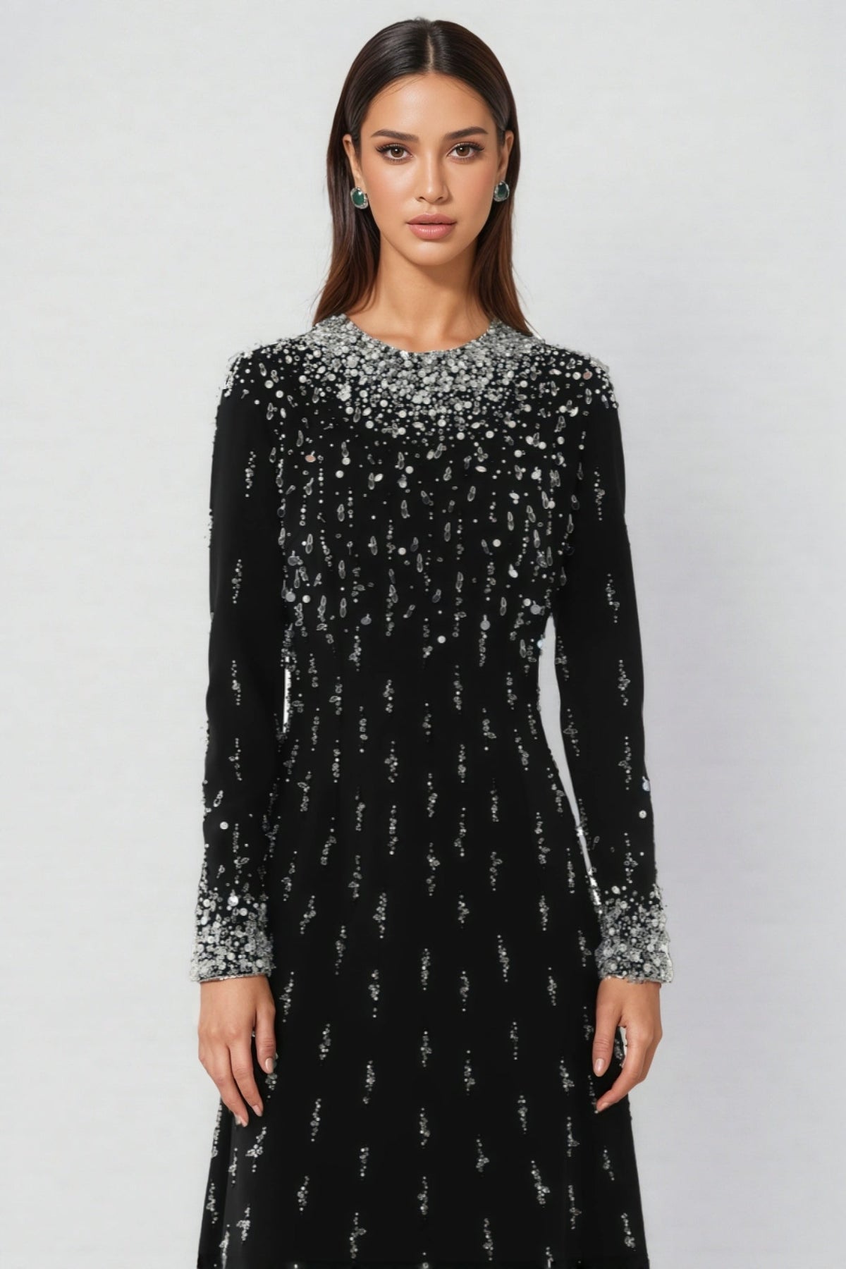 Crew Neck Long Sleeve Beaded Sequin Embellished A-Line Maxi Gown 3