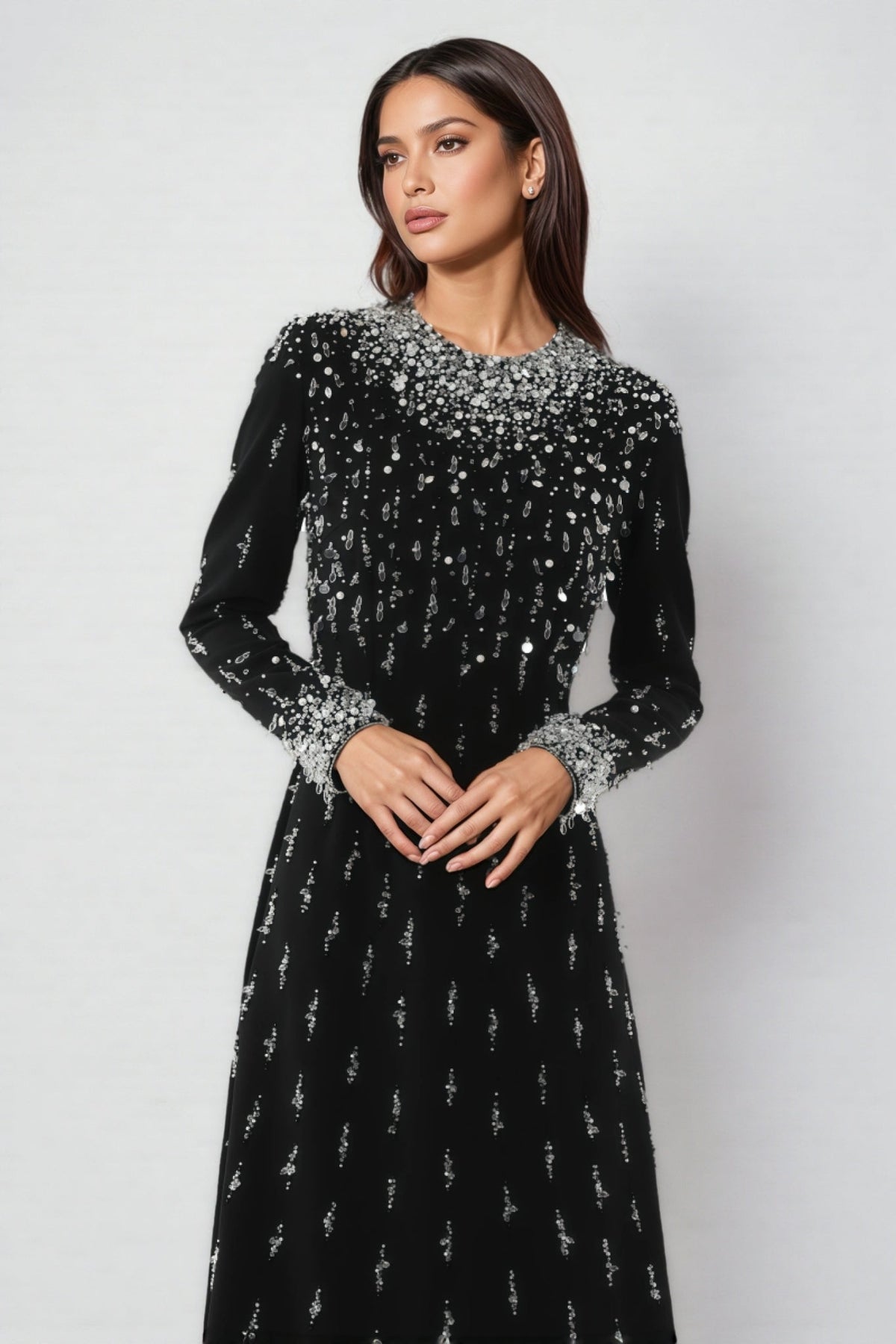 Crew Neck Long Sleeve Beaded Sequin Embellished A-Line Maxi Gown 2