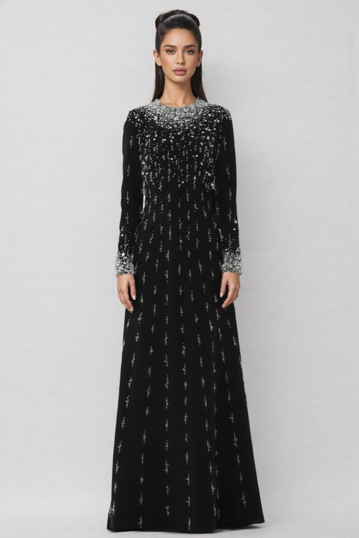 Crew Neck Long Sleeve Beaded Sequin Embellished A-Line Maxi Gown