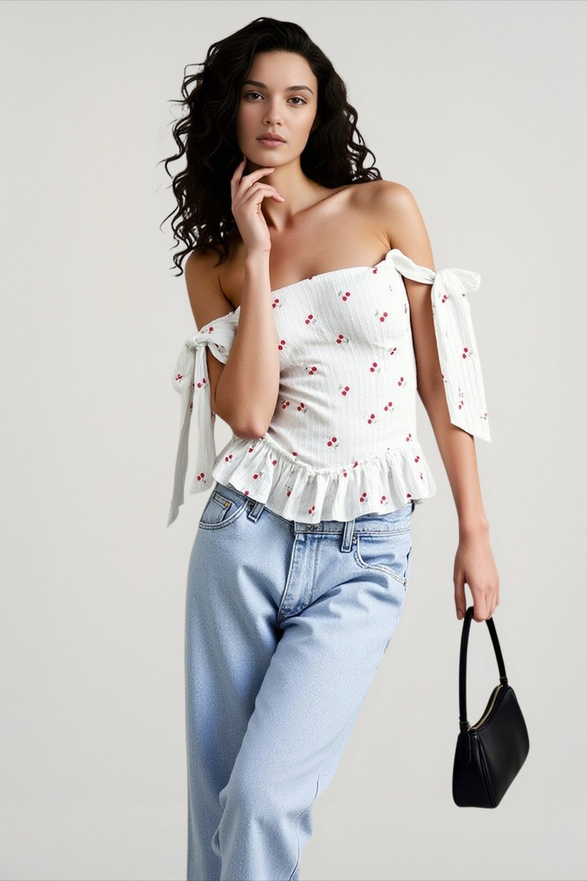 Cherry Print Off Shoulder Tie Sleeve Ruffle Hem Peplum Top 3