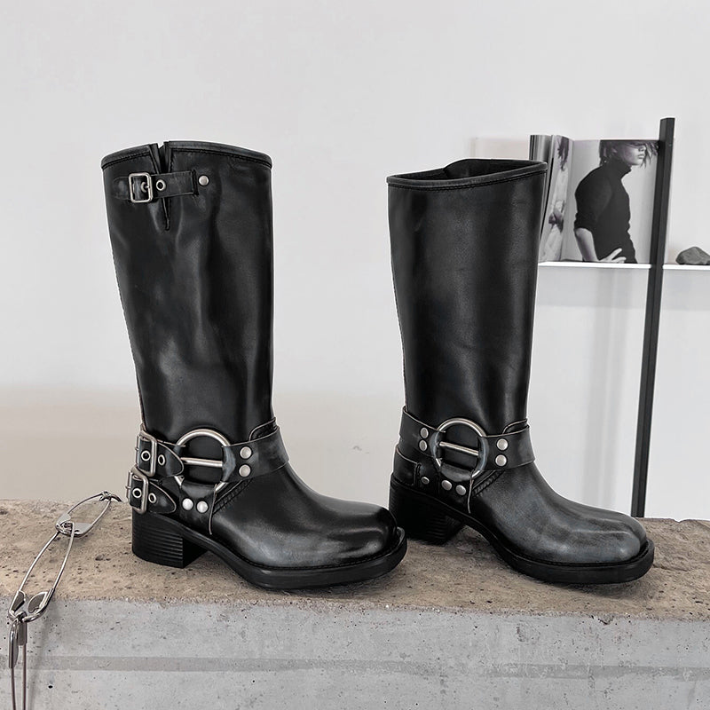 Genuine Leather Tall Boots For Women Western Cowboy Boots Riding Boots Big Round Toe